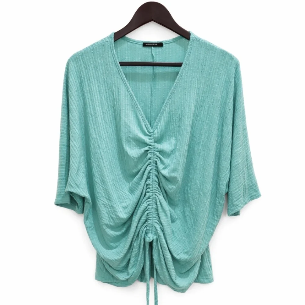 Staccato Mint Green Ruched Drawstring V-Neck Textured Dolman Sleeve Top Sz Lg